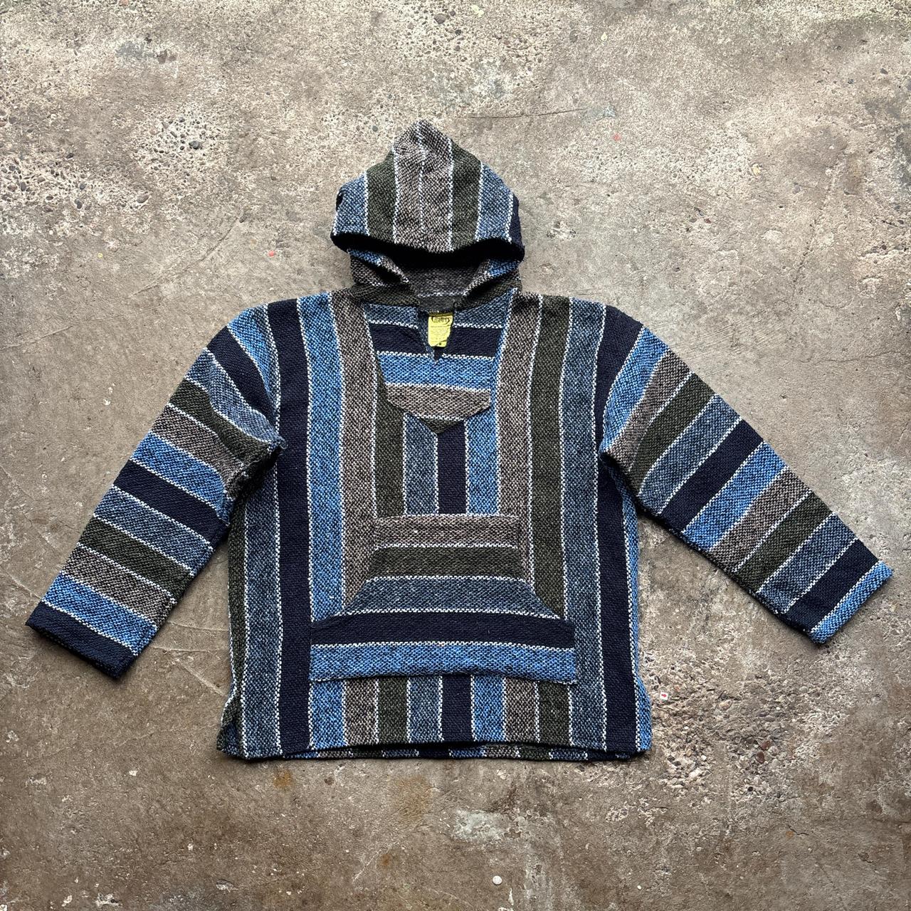 Baja-style striped smock in blue, black, brown and green