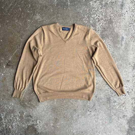 Tan Polo Golf V-Neck Jumper - M