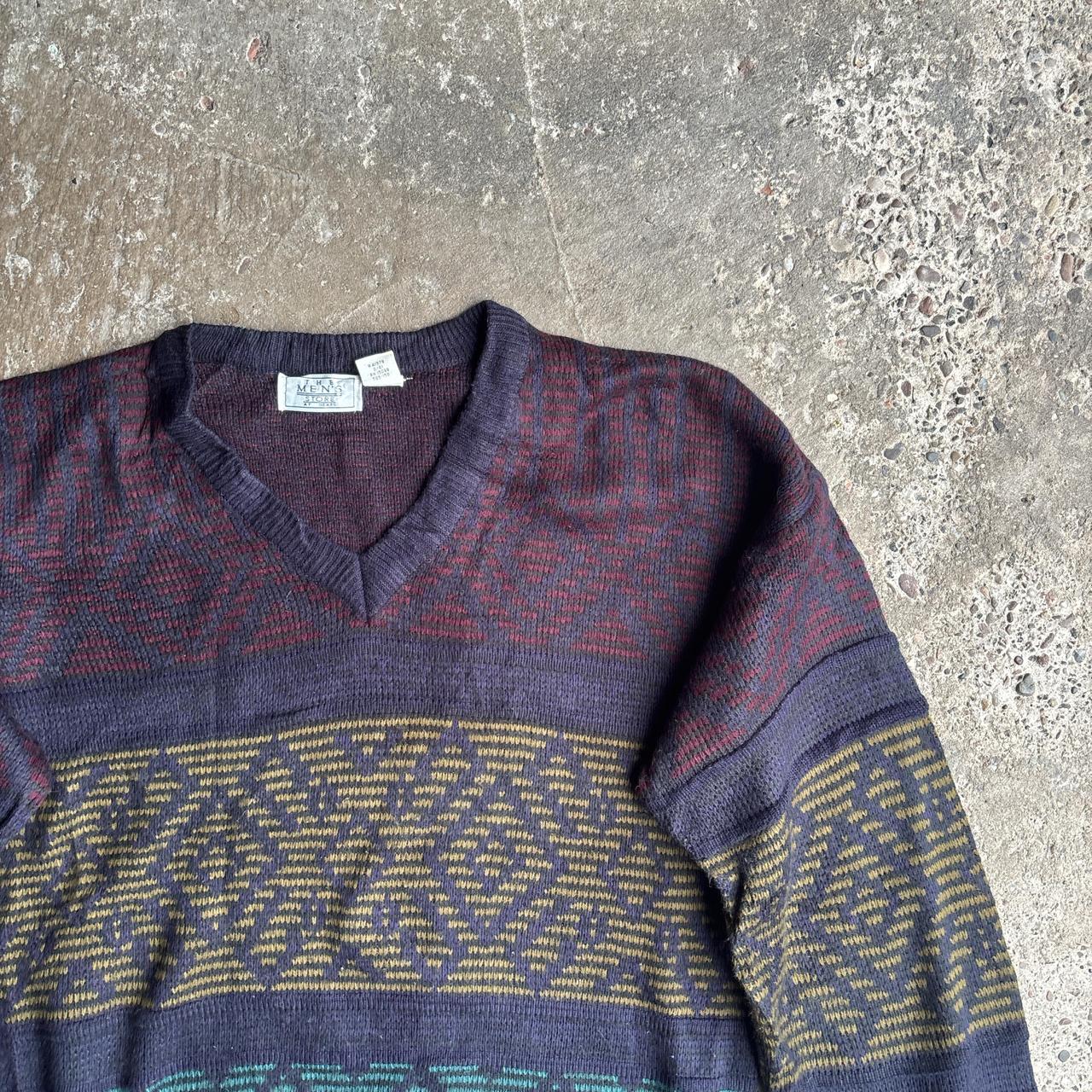 Multi-coloured Patterned Knitted V-Neck Jumper - XL