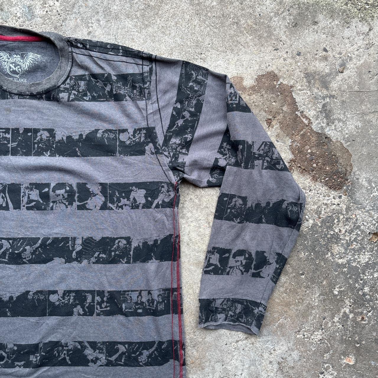Black and grey single stitch long-sleeve punk rocker printed t-shirt with contrast