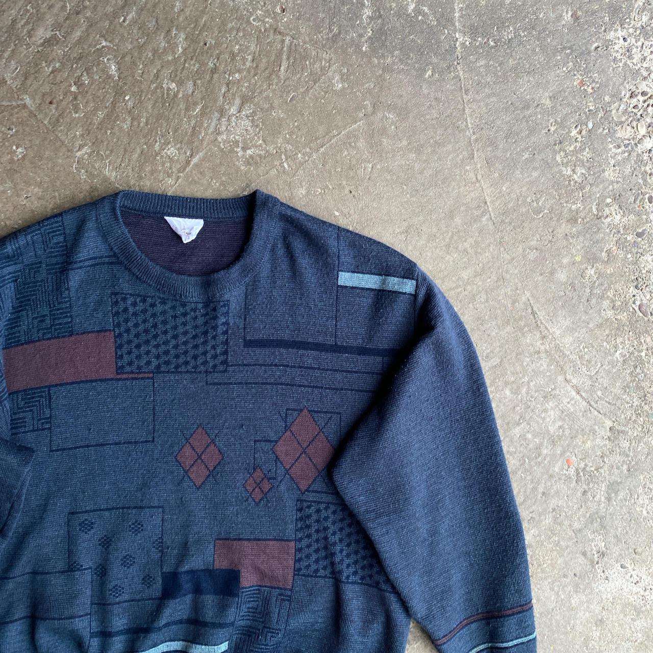 Vintage Blue Abstract Pattern Knitted Sweater - M