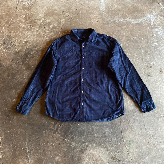 Navy Plaid Corduroy Long Sleeve Shirt - L