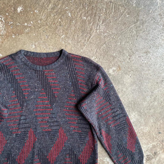 Vintage Grey & Red Knit Jumper - M