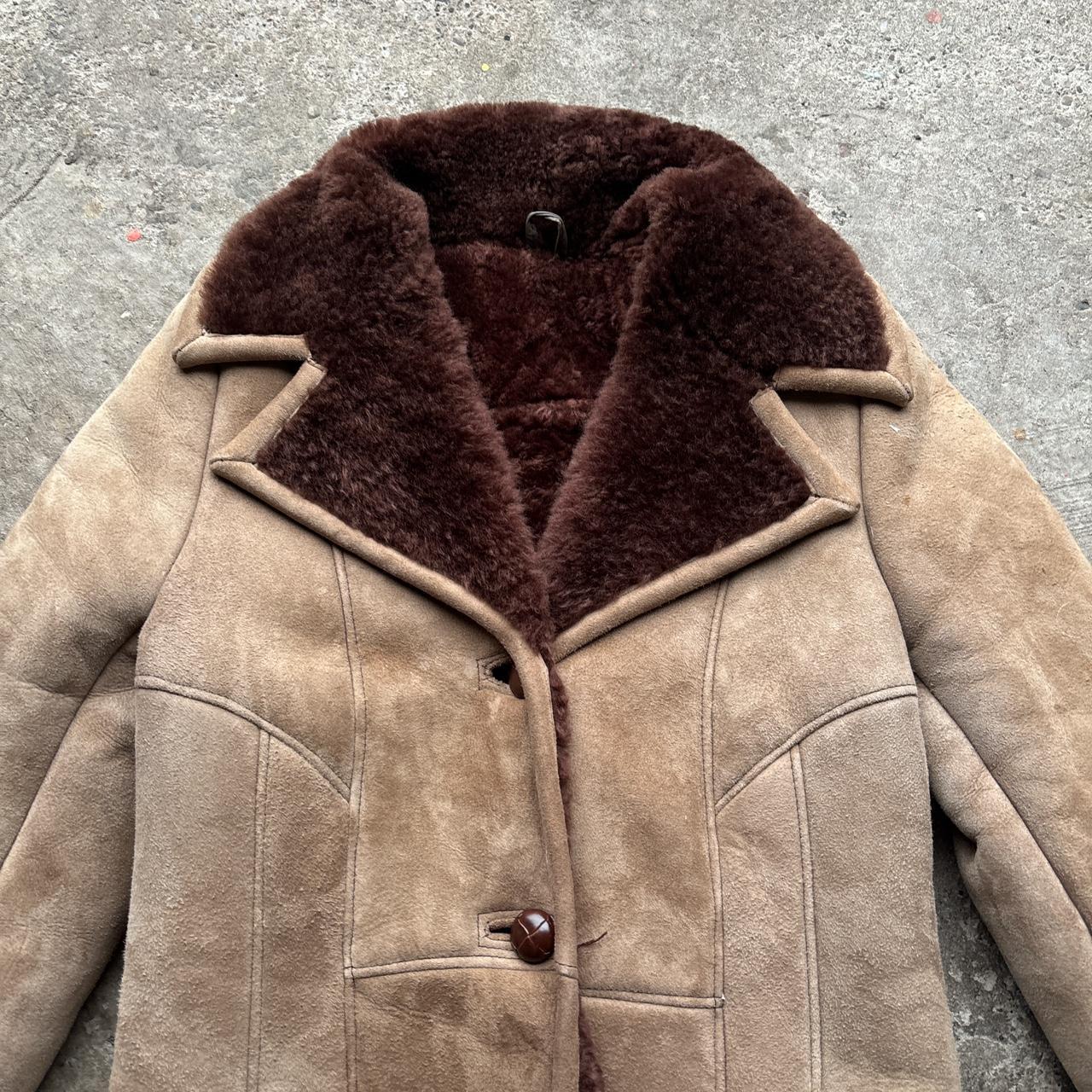 Tan suede sheep skin coat with brown Sherpa collar and  lining