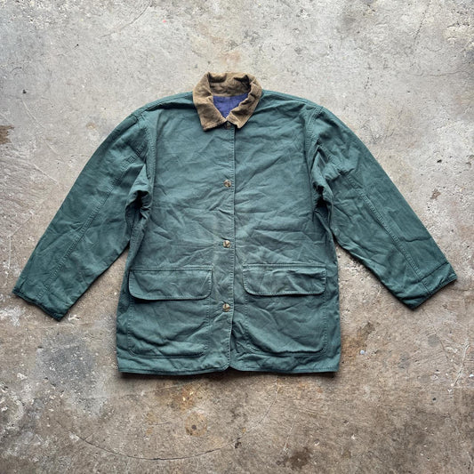 Green and navy vintage chore jacket with a brown corduroy collar