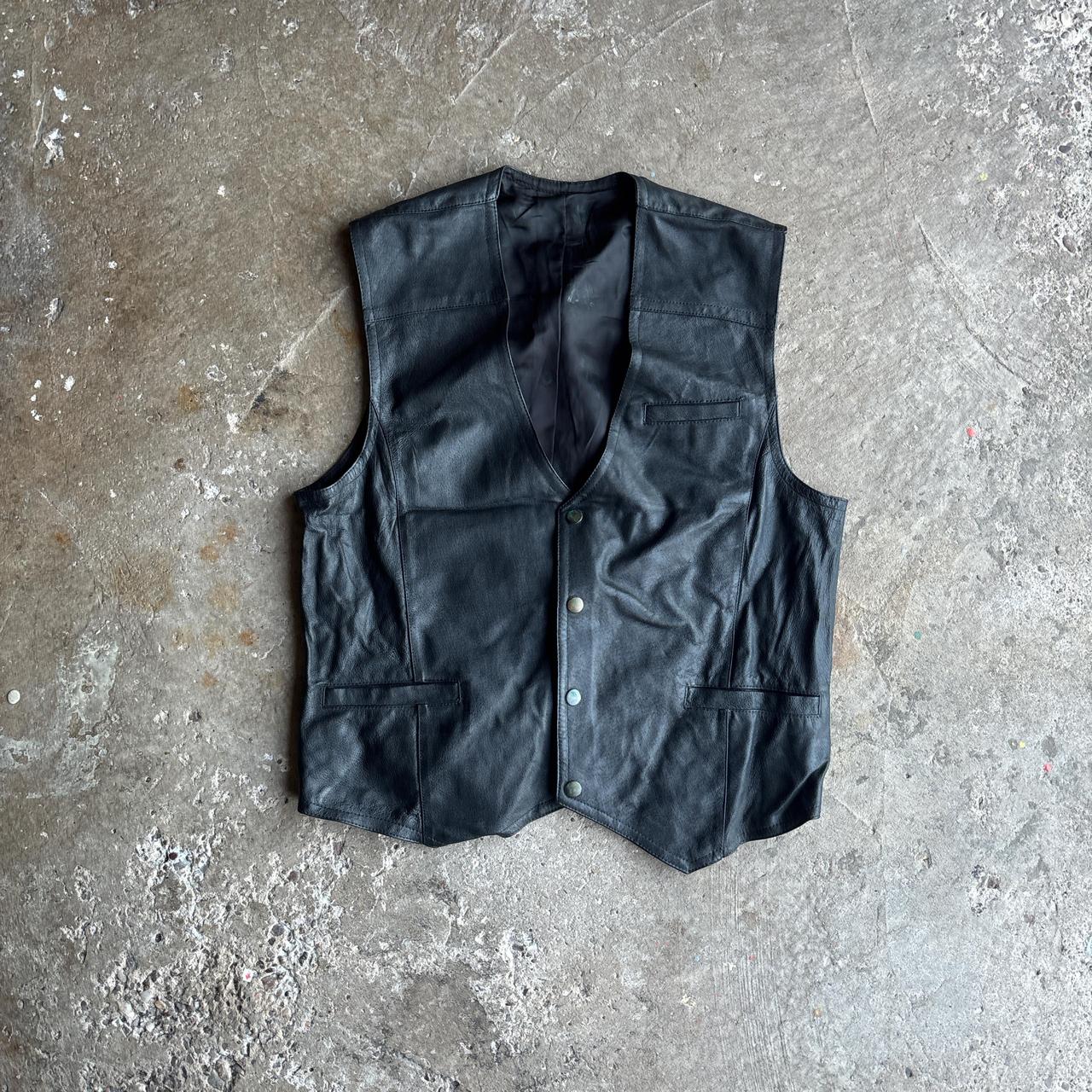 Vintage Black Leather Button Up Vest - M