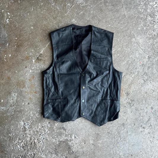 Vintage Black Leather Button Up Vest - M