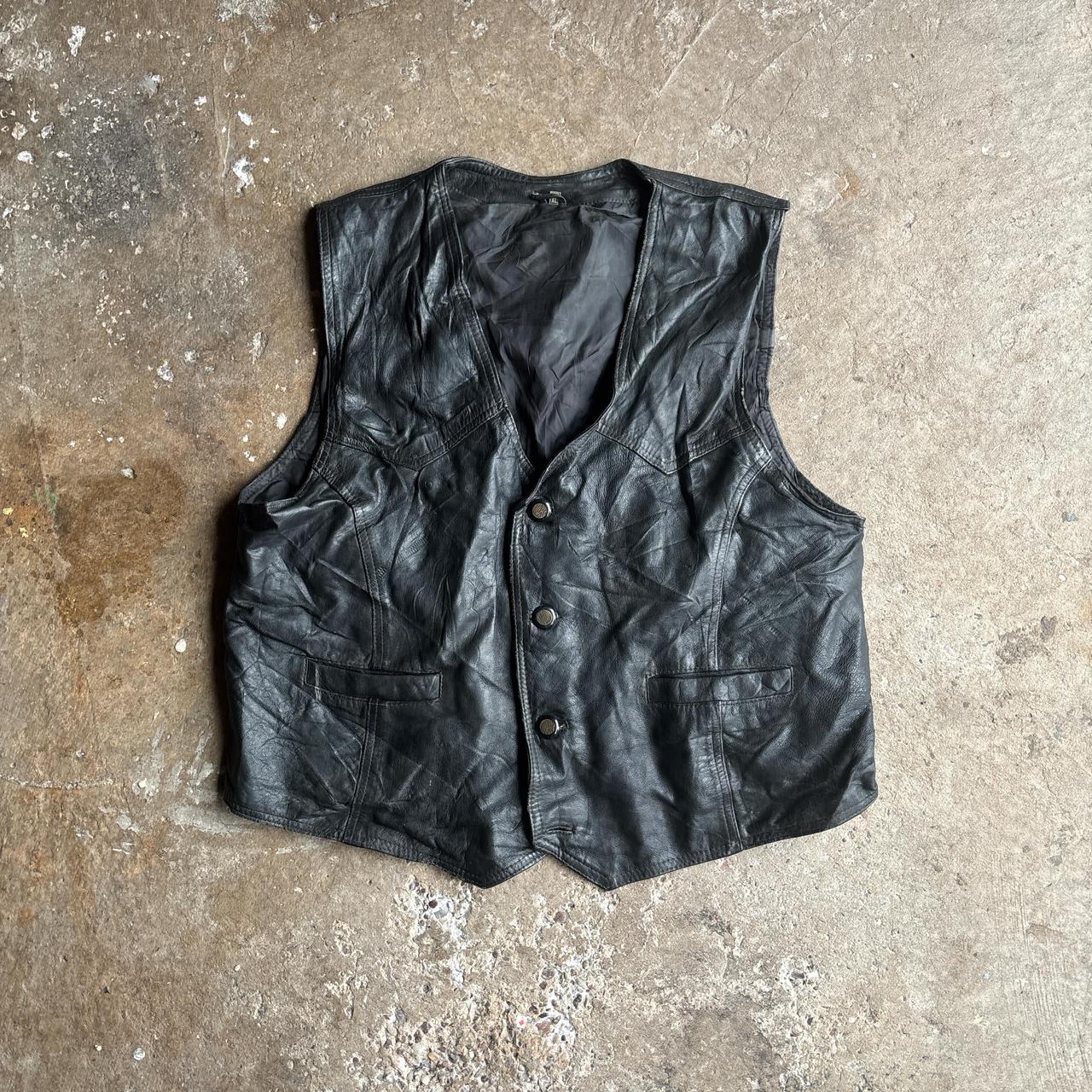 Vintage Black Leather V-Neck Vest