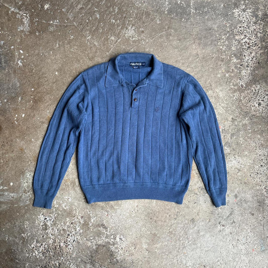Blue Nautica Knit Long-Sleeve Polo Shirt - S