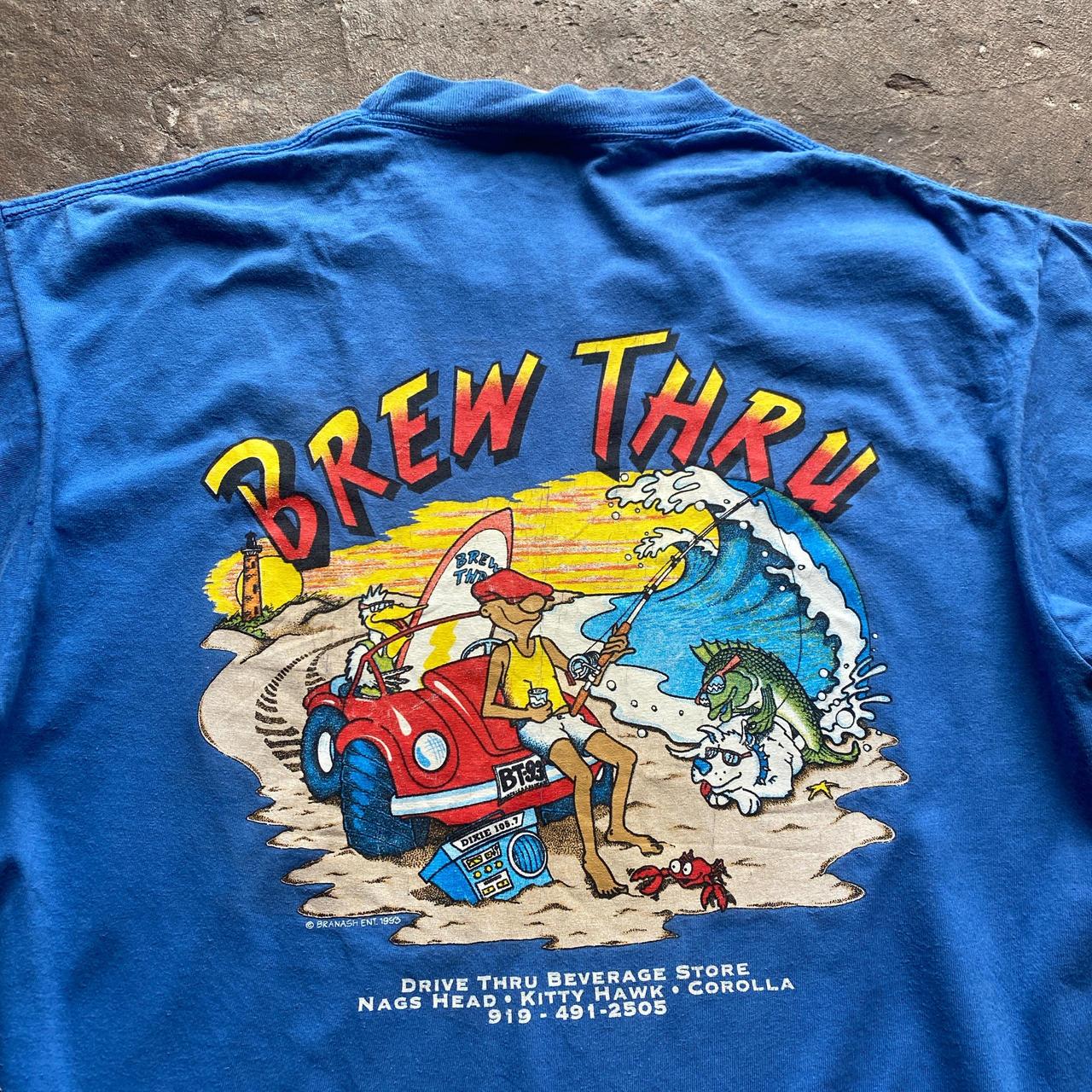 90s Blue graphic tee with ‘Brew Thru’ print - L