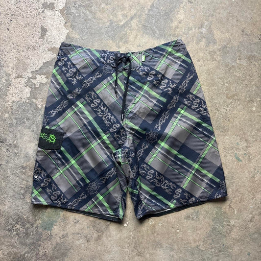 Grey Y2K chequered board shorts from Maui & Sons - W36/L
