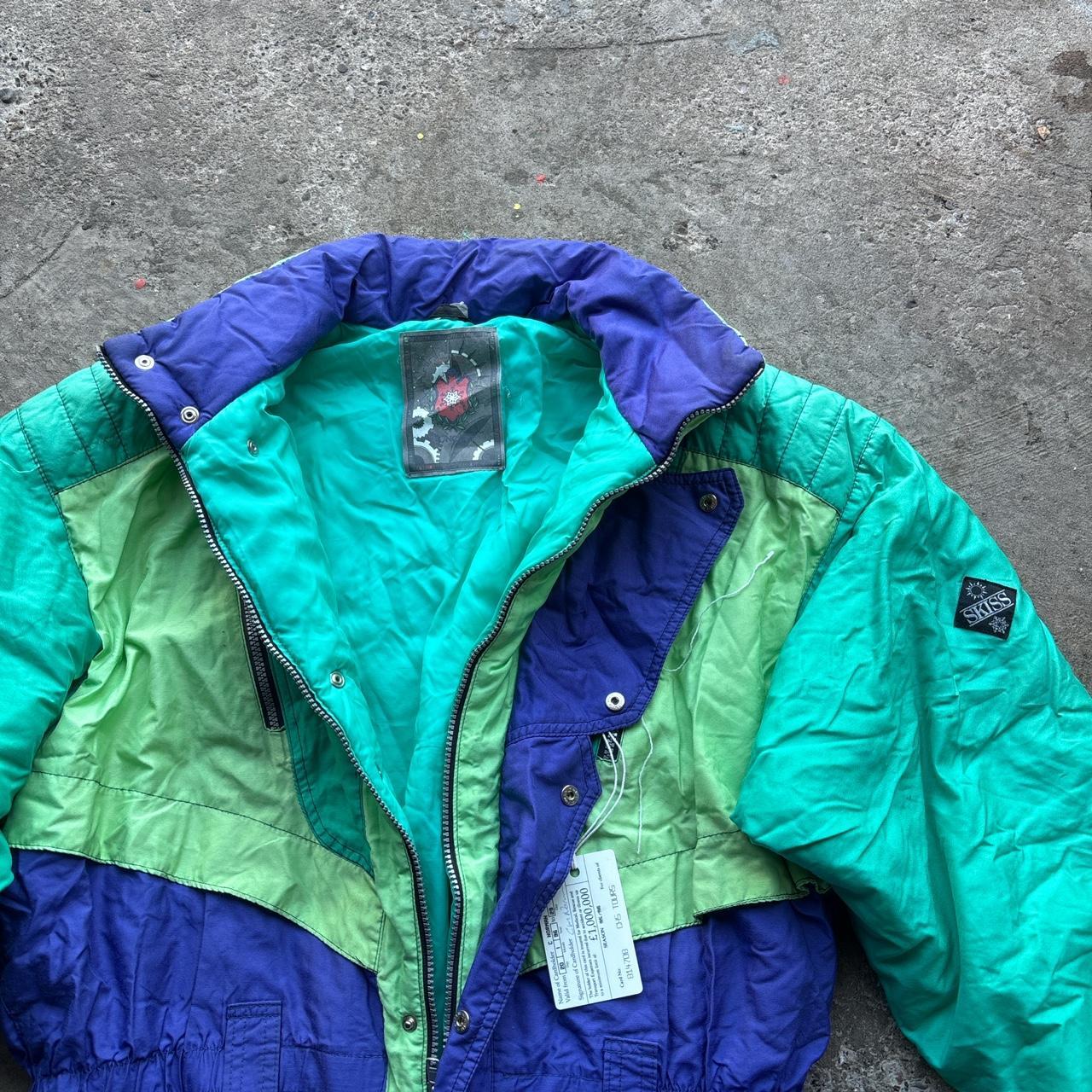 90s vintage Swiss Sport ski suit in blue and green