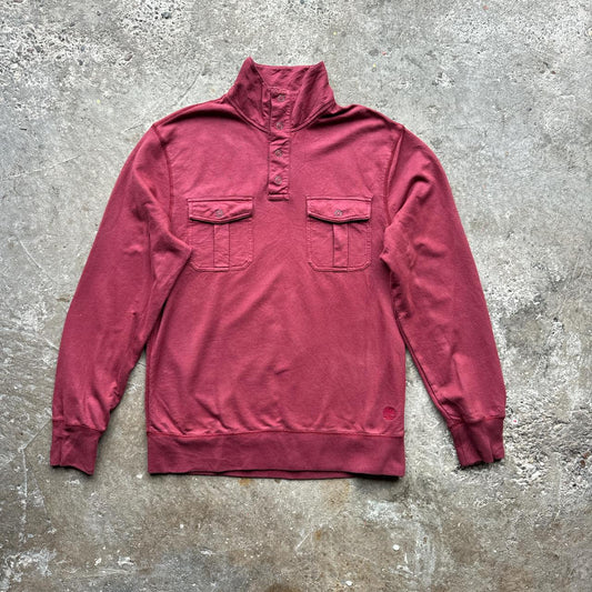 Burgundy vintage Timberland quarter zip sweatshirt with embroidered logo