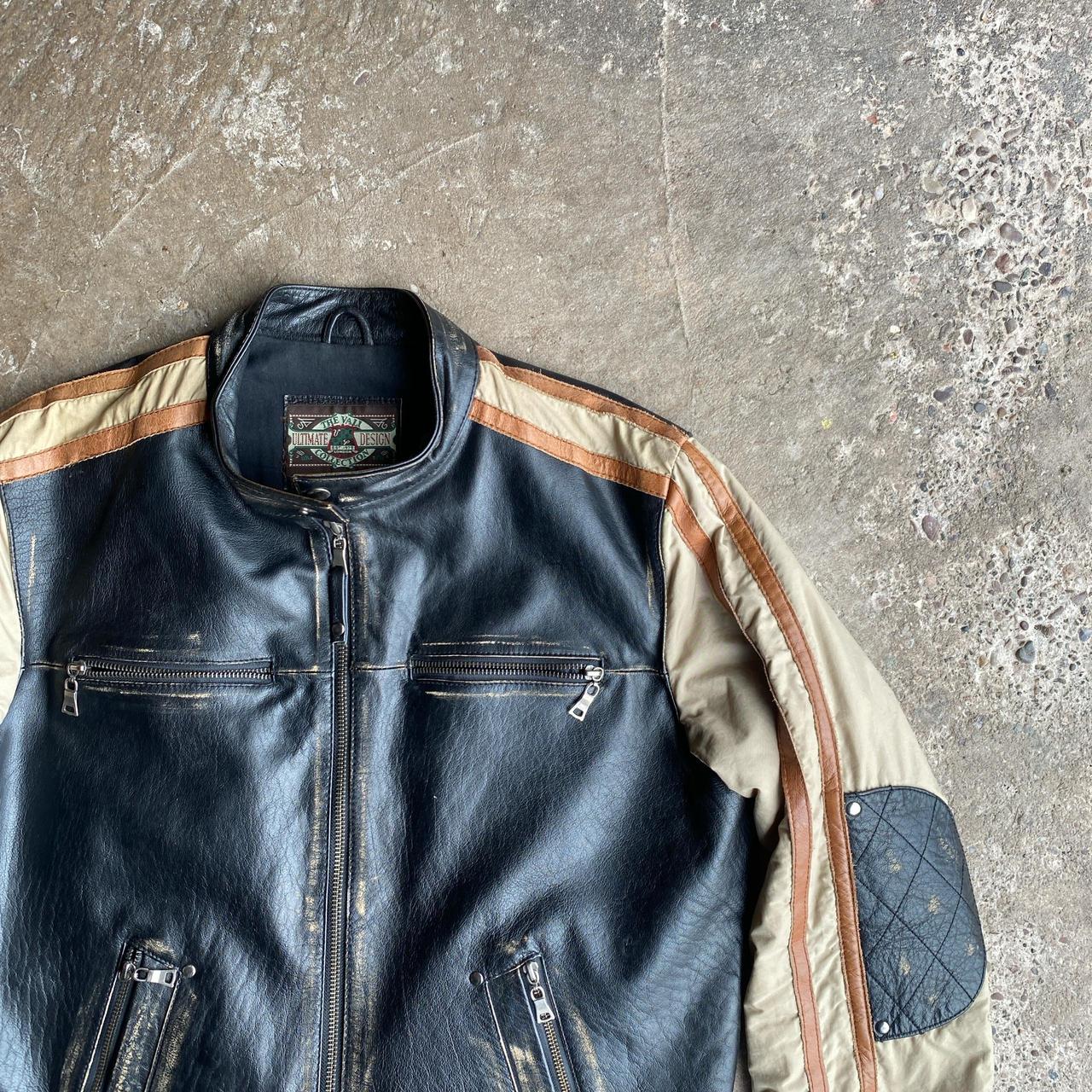 Black & Cream Faux Leather Biker Jacket - M