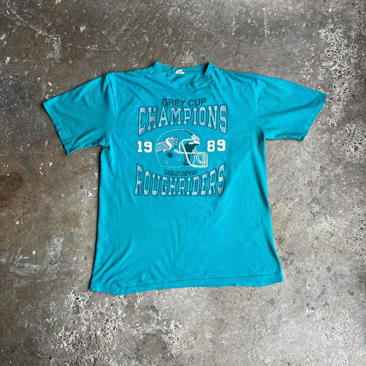 Vintage Teal Graphic America Football Single Stitch T-Shirt - L
