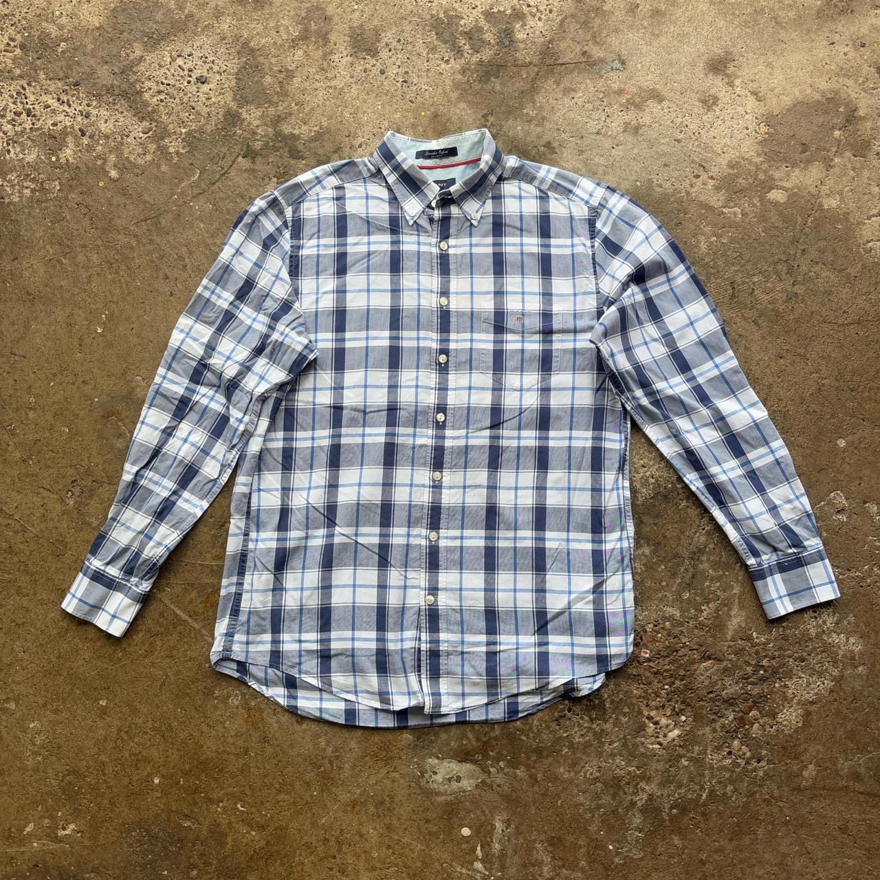 Blue and white Gant plaid button-up shirt