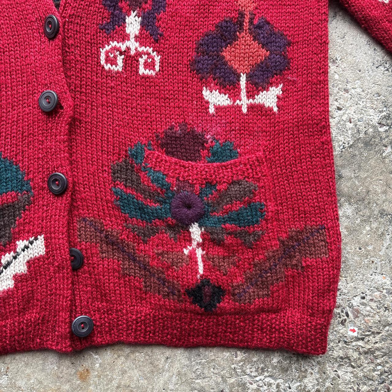 Vintage Red Land’s End knitted cardigan with flower pattern