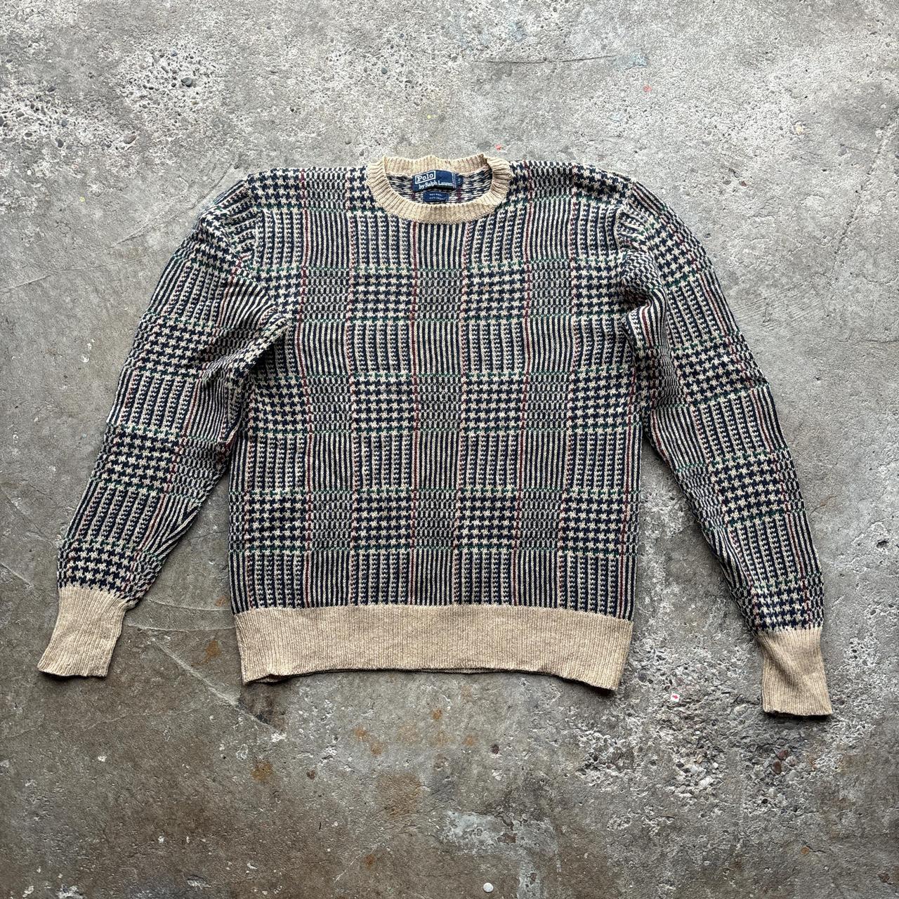 Vintage Tan Ralph Lauren knitted sweater with plaid pattern