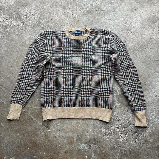 Vintage Tan Ralph Lauren knitted sweater with plaid pattern