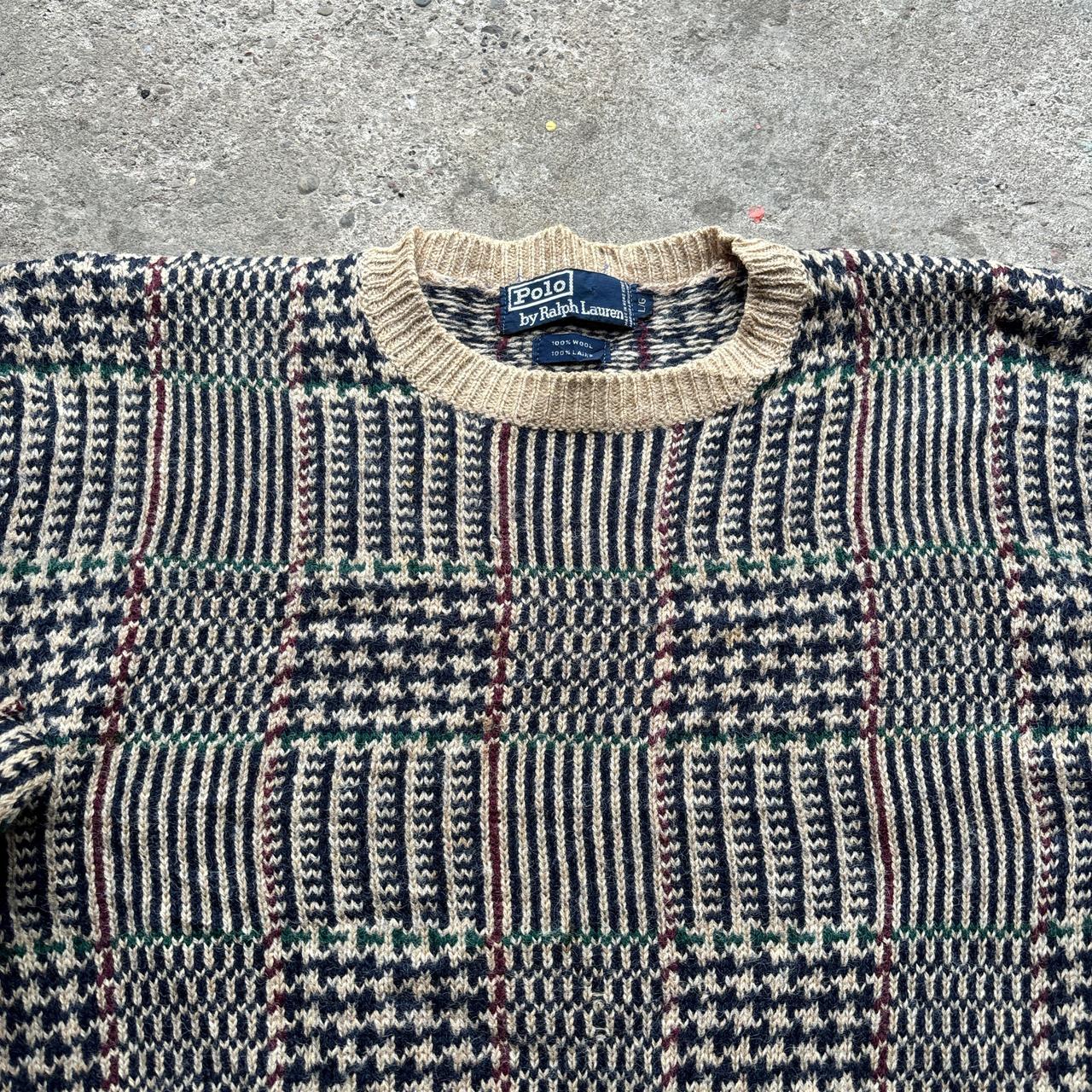 Vintage Tan Ralph Lauren knitted sweater with plaid pattern