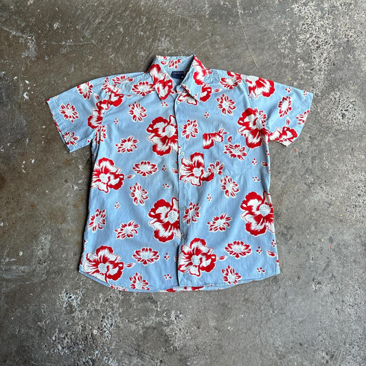 Blue & Red Flower-print Fishbone Hawaiian Style Shirt