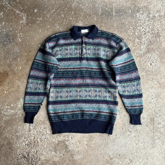 Navy Patterned Design Wool Button Jumper   - L