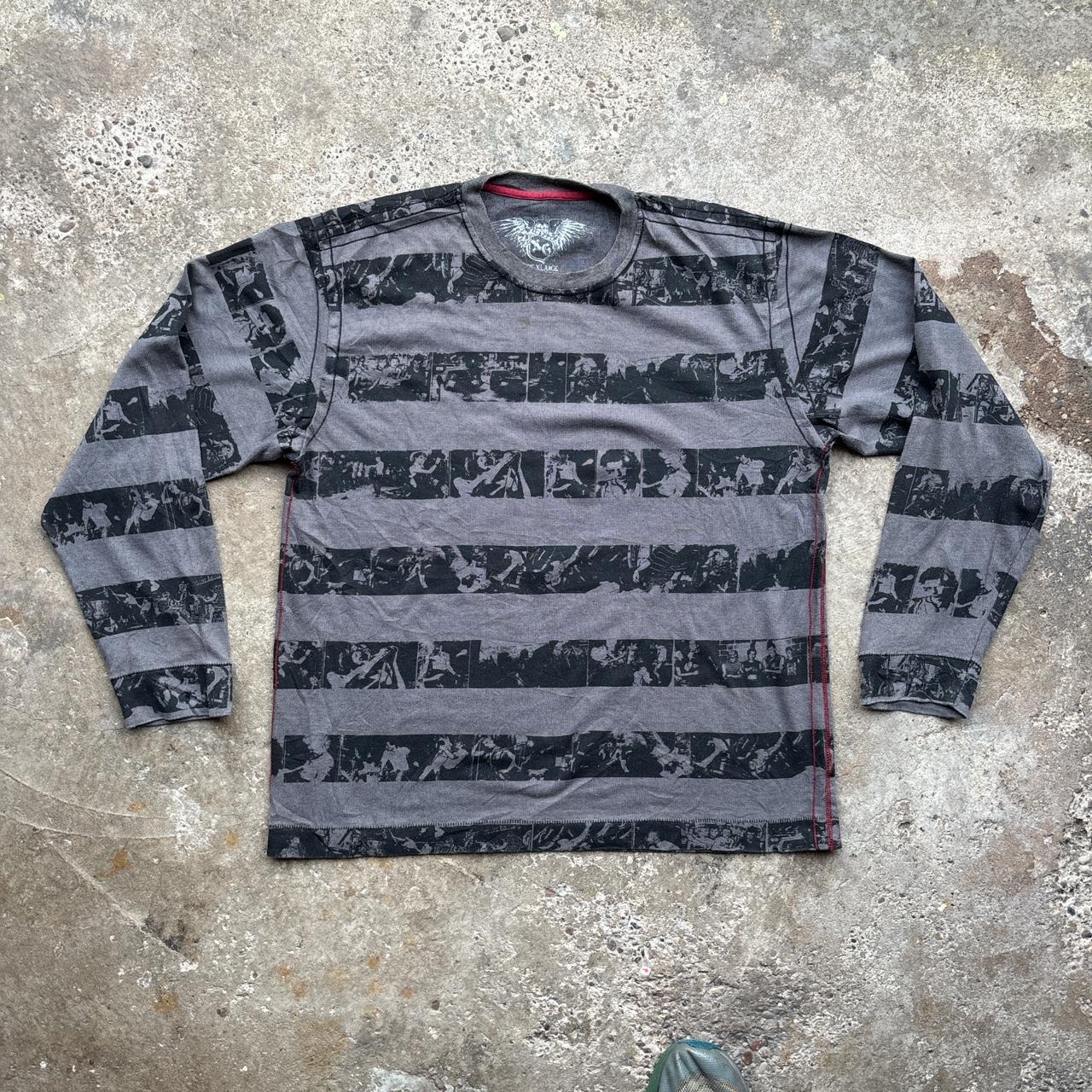 Black and grey single stitch long-sleeve punk rocker printed t-shirt with contrast