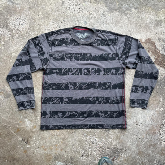 Black and grey single stitch long-sleeve punk rocker printed t-shirt with contrast
