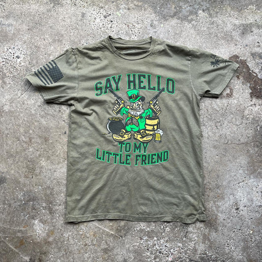 Paddy’s Day ‘Say Hello to my Little Friend’ T-Shirt in khaki green