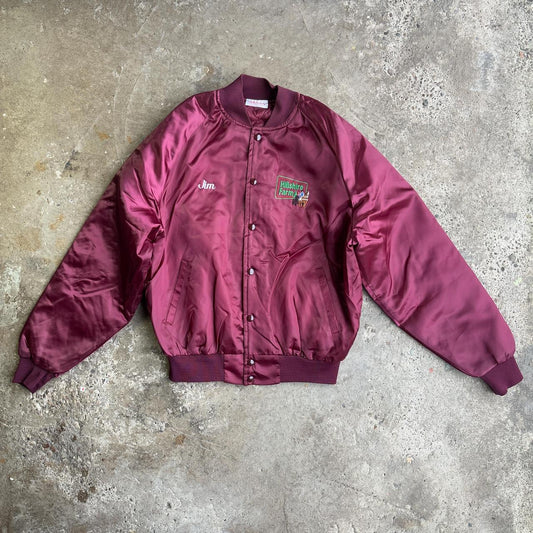 Jim’s Burgundy vintage bomber jacket with embroidered logo