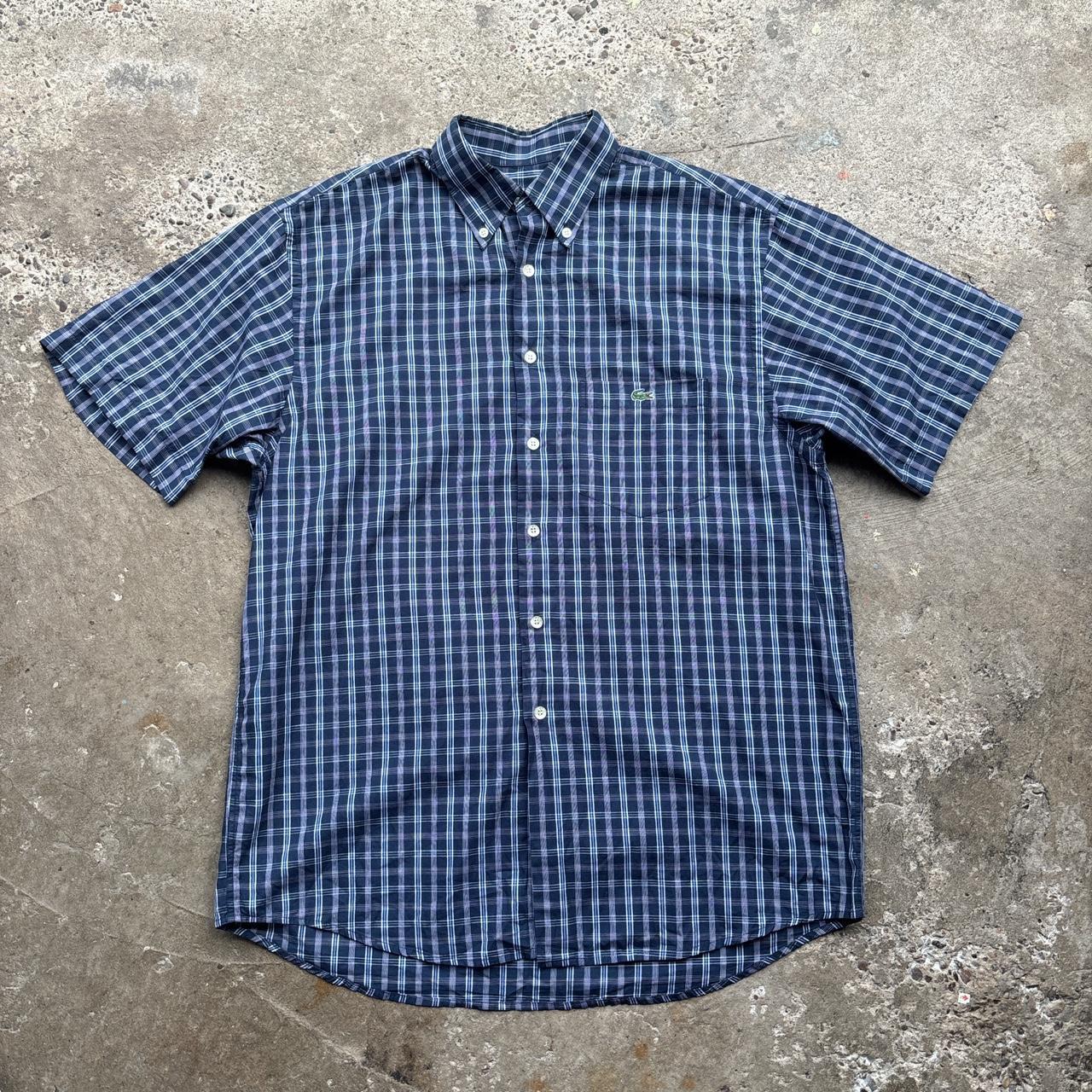 Navy Lacoste chequered short sleeved shirt