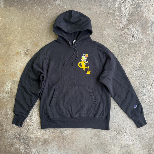 Black Champion hoodie with yellow Honey Nut design