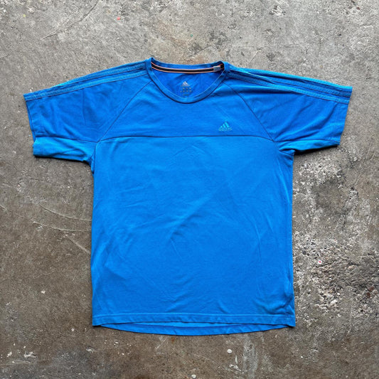 Blue Adidas t-shirt with 3 stripes and embroidered logos
