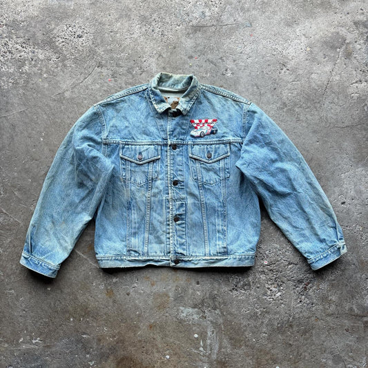 Vintage Blue denim trucker jacket with race car patch
