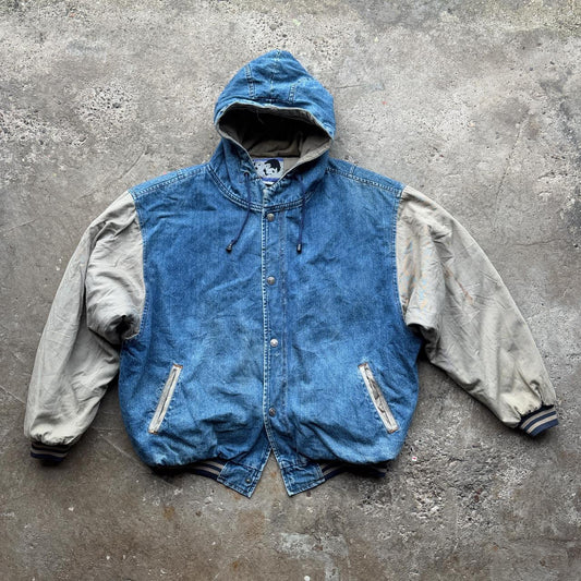 80s Blue and cream denim hooded varsity jacket
