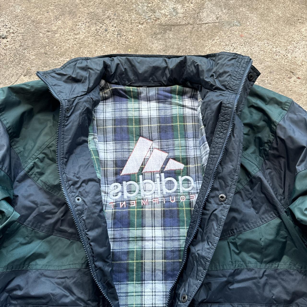 Green and navy 90s Adidas Equipment windbreaker with chequered lining