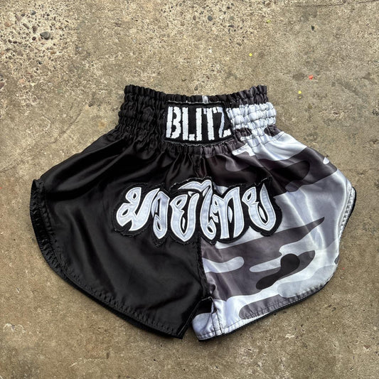 Black and grey camo Muay Thai shorts
