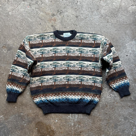 Crazy knitted wool jumper with tree and sea pattern