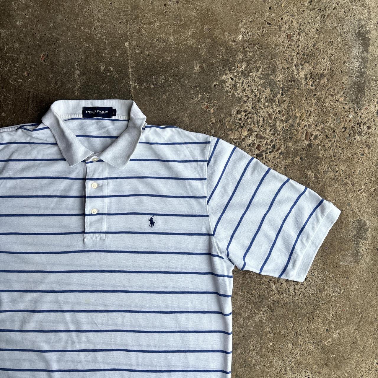 White & Blue Striped Ralph Lauren Golf Polo Shirt - L