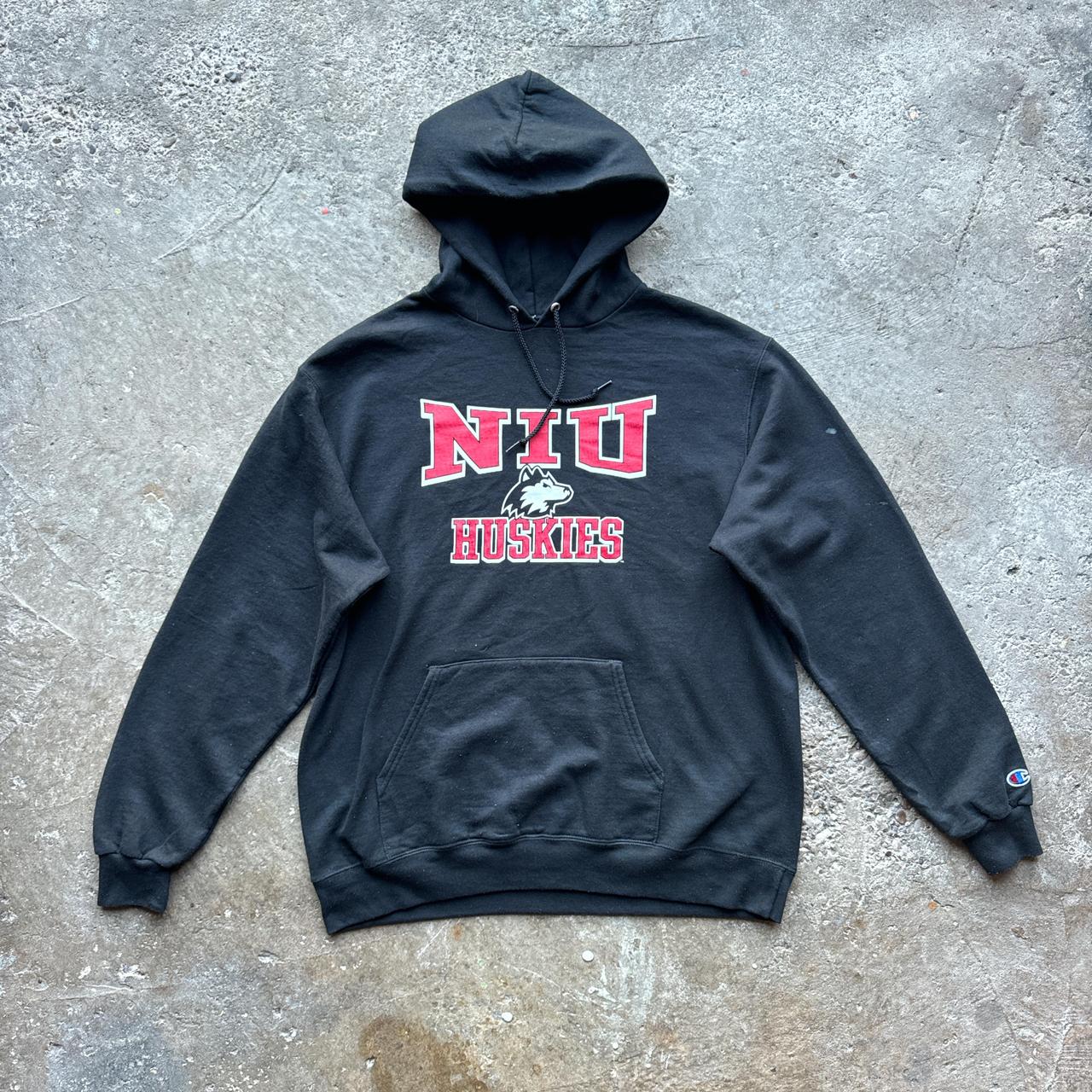 Black Champion hood with ‘NIU, Huskies’ print