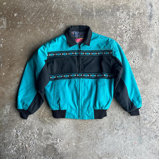 Turquoise & Black Full-Zip Bomber Jacket - L