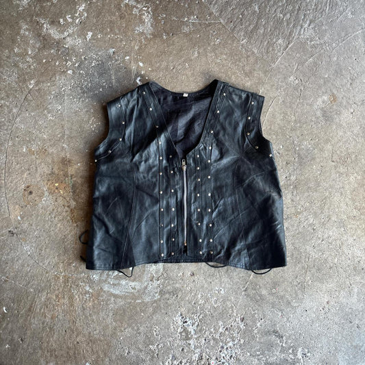 Black Leather Zip Up Vest Cropped Jacket