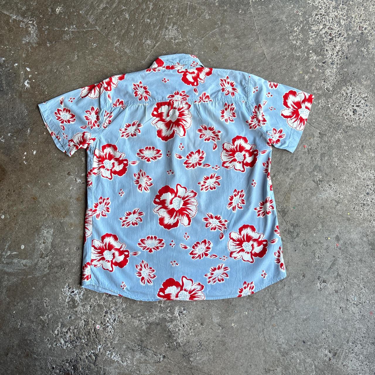 Blue & Red Flower-print Fishbone Hawaiian Style Shirt