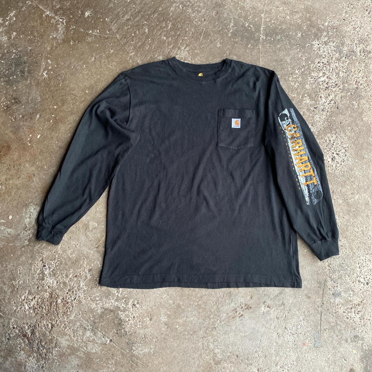 Black Long-Sleeve Carhartt T-Shirt with Orange Sleeve Graphic - L