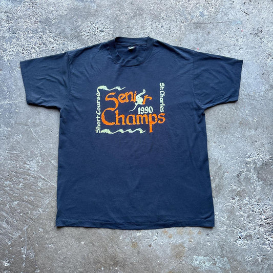 90s Navy Single-stitch graphic tee with Basketball print - XXL