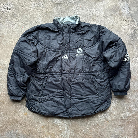 00s Black and grey Adidas puffer jacket with embroidered logos
