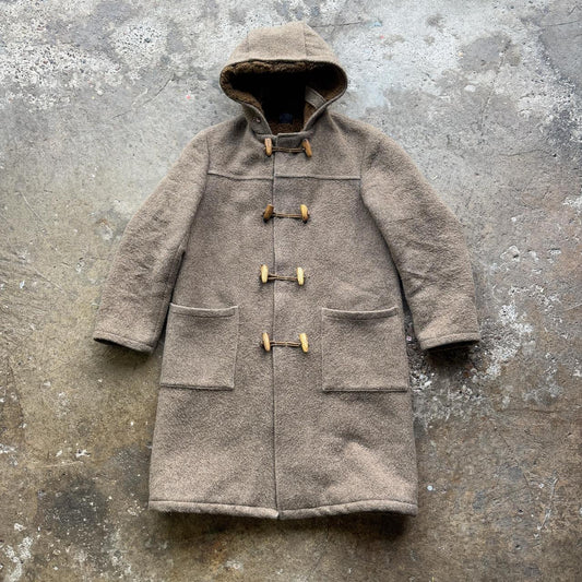 70s Tan and brown wool duffle coat with hood