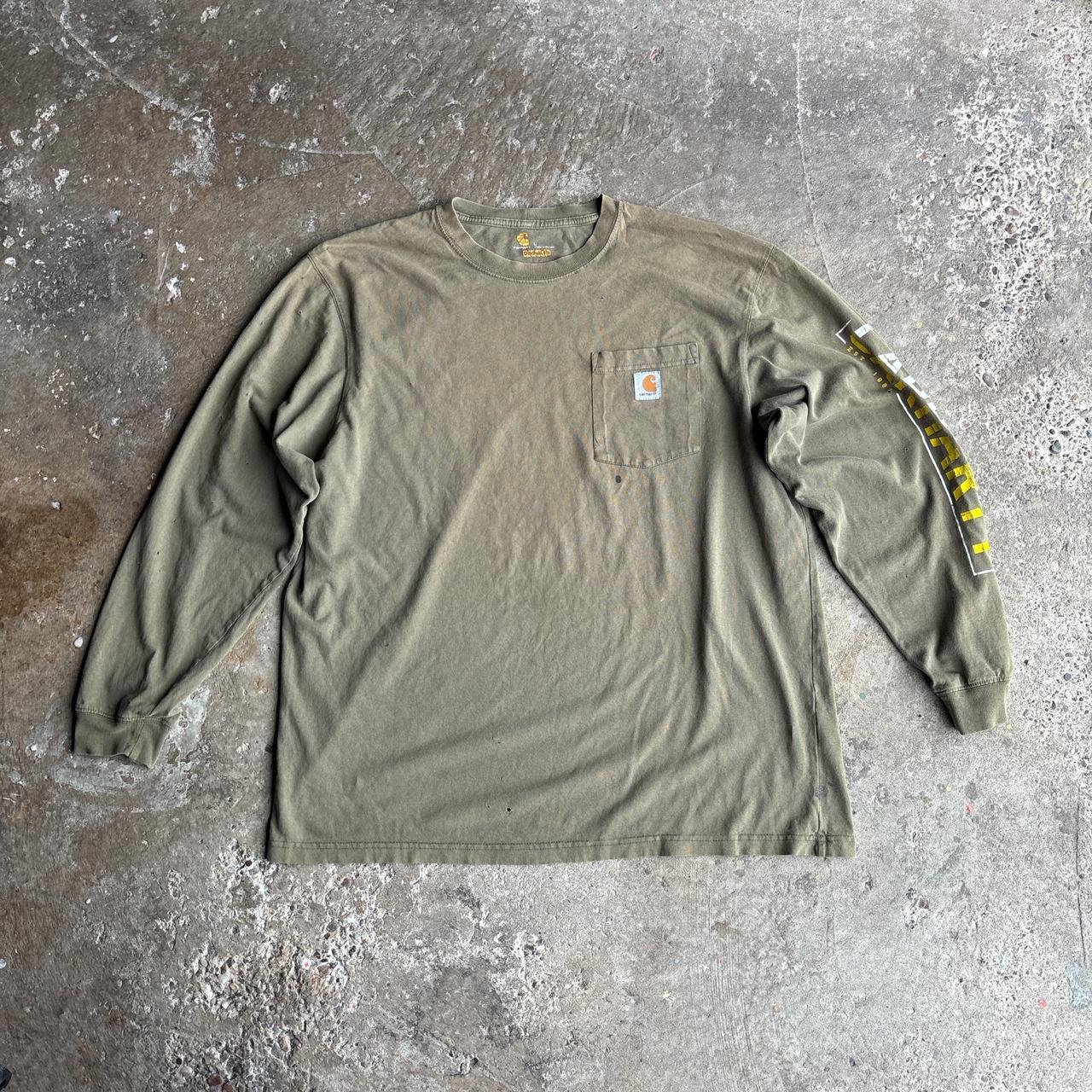 Distressed Khaki Carhartt Long-Sleeve Pocket T-Shirt