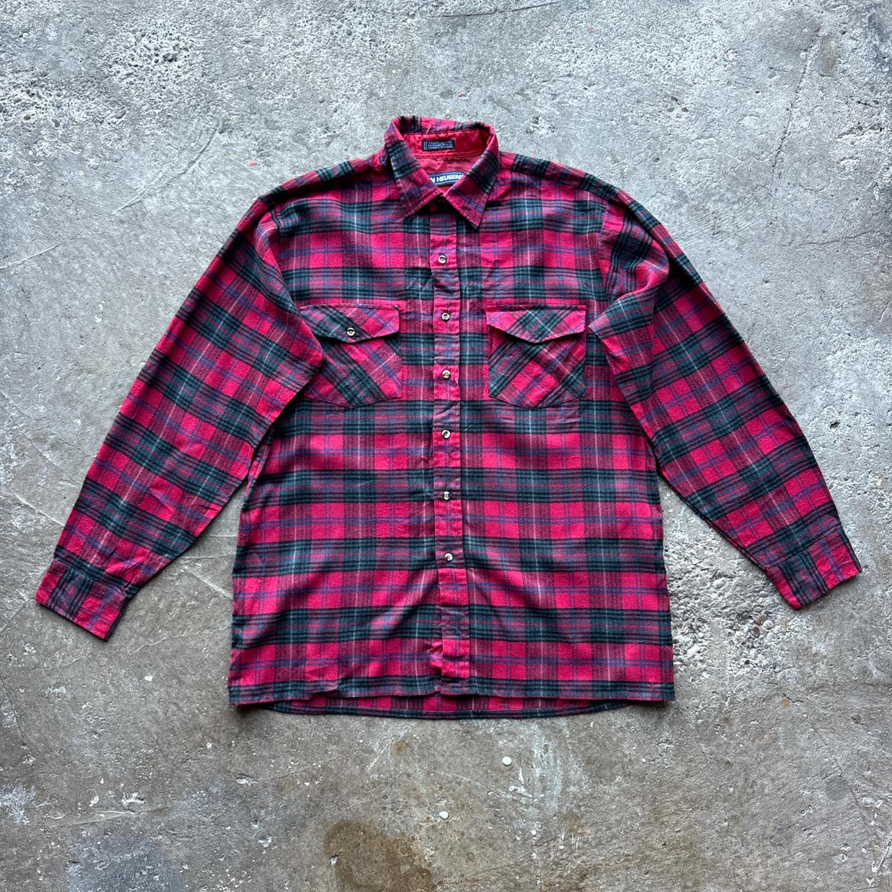 Red and black Van Heusen plaid flannel shirt
