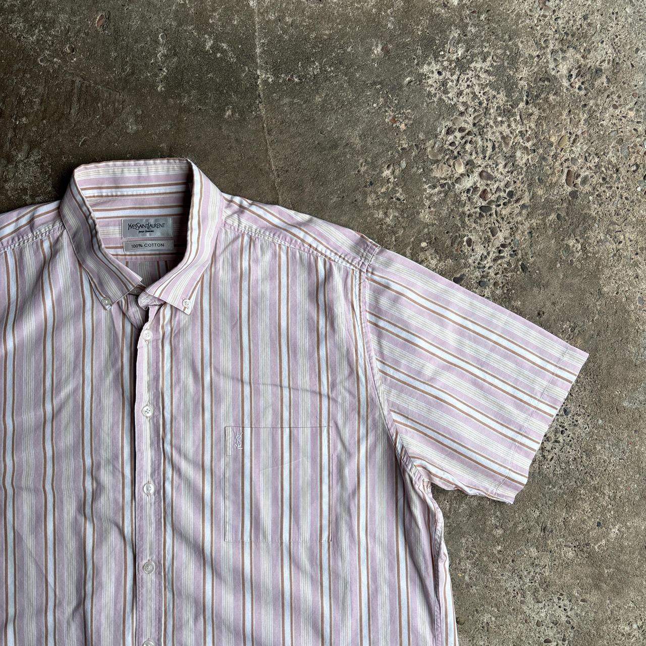 Pink Striped Yves Saint Laurent (YSL) Short Sleeve Shirt - 2XL